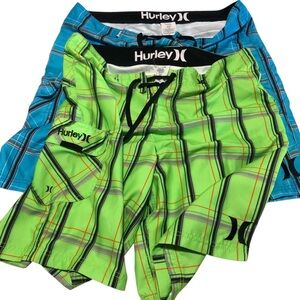 Hurley Lot 2 Vibrant Plaid Board Shorts Blue  Green.Size 36 Plaid No Stretch